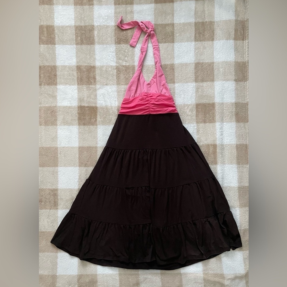 Vintage Hype size 7 Girls Halter Neck Dress Pink and Brown A-Line